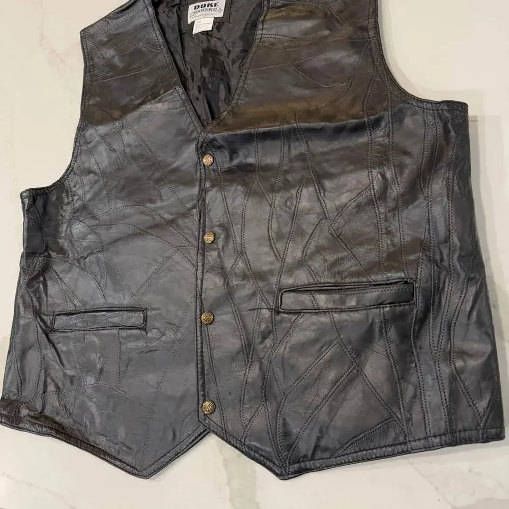 Vintage Duke Haband Genuine Leather Vest Black Mens Size XL Motorcycle Bikercore - Picture 2 of 7